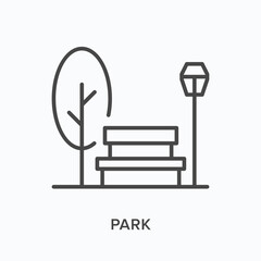 Park flat line icon. Vector outline illustration of tree, streetlight and bench. Black thin linear pictogram for urban nature place