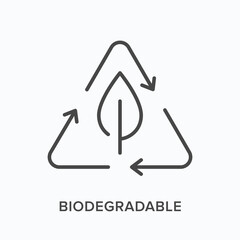 Biodegradable flat line icon. Vector outline illustration of leaf and circle. Black thin linear pictogram for eco friedly