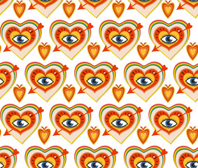 Retro 70s Seamless pattern for Valentine's Day. Hand drawn Hearts with big eyes. Vector illustration.
