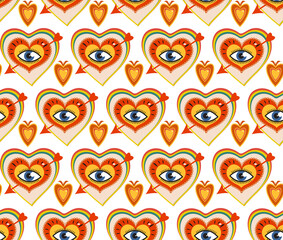 Retro 70s Seamless pattern for Valentine's Day. Hand drawn Hearts with big eyes. Vector illustration.