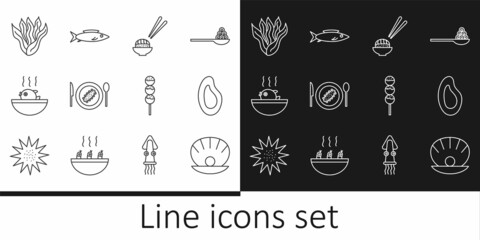 Set line Shell with pearl, Mussel, Sushi, Served cucumber on plate, Puffer fish soup, Seaweed, Takoyaki stick and Fish icon. Vector