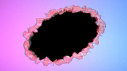 gap in a brick wall covered with plaster in the shape of an ellipse in neon lighting