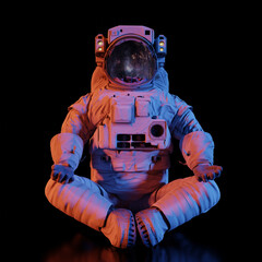 astronaut meditating, isolated on shiny black background - obrazy, fototapety, plakaty