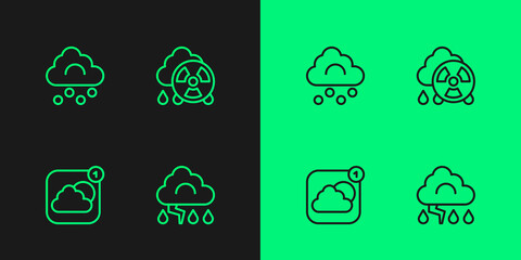 Set line Cloud and lightning, Weather forecast app, Hail cloud and Acid rain radioactive icon. Vector