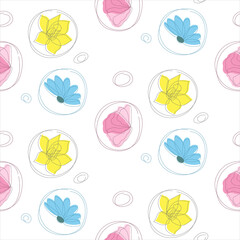 Seamless vector spring floral background. Blue daisies, yellow daffodils and pink poppies In circles on white.