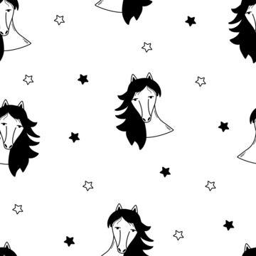 Seamless Horse Head And Stars Pattern. Background Vector Illustration, Wild West Concept.