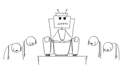 Robot, AI or Artificial Intelligence Sitting on Throne as king , Vector Cartoon Stick Figure Illustration