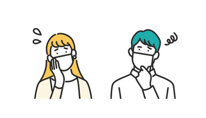 マスクを着用した困った表情の男女のイメージイラスト素材