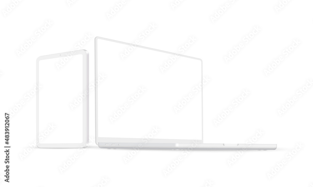 Poster clay laptop and tablet computer mockup with perspective side view, isolated on white background. vec