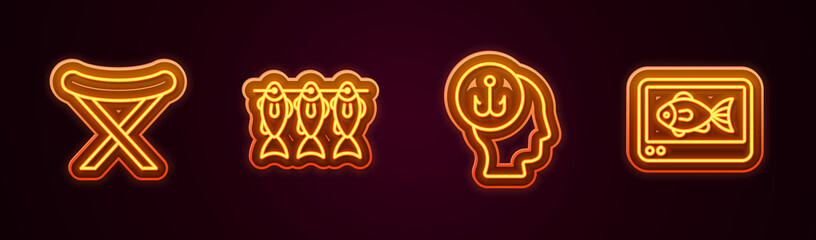 Set line Camping folding chair, Dried fish, Fisherman and finder echo sounder. Glowing neon icon. Vector