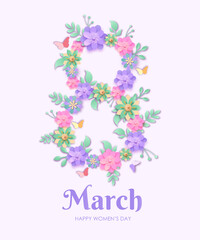 International Women's day 8 March card with flowers in realistic style