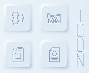 Set line Molecule oil, Oil pump or pump jack, Canister for gasoline and Contract money and pen. White square button. Vector