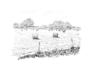 Countryside landscape sketch design silhouette. Hand drawn vector illustration - 483912063