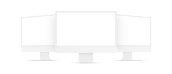 Clay Computer Monitors Mockups, Front and Side View, Isolated on White Background. Vector Illustration - obrazy, fototapety, plakaty