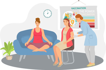 Doctor gives an injection dose of vaccine to patient. Coronavirus vaccination. Antiviral shot. Injecting vaccinate against Covid-19, health care. Woman receiving dose of medication at medical office