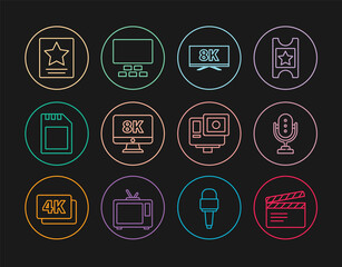 Set line Movie clapper, Microphone, Screen tv with 8k, Monitor, SD card, Hollywood walk of fame star, Action extreme camera and Cinema auditorium seats icon. Vector