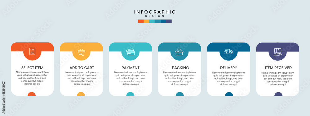 Poster process of online shopping with 6 steps. steps business timeline process infographic template