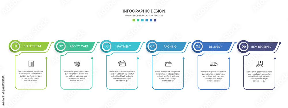 Poster process of online shopping with 6 steps. steps business timeline process infographic template