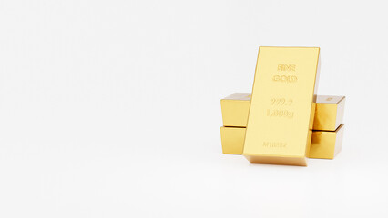 bars of gold bullion ingots on white background 3D rendering