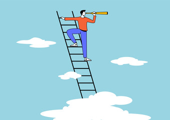 Success ladder for business opportunity, looking for new job or career path, leadership discovery or searching for success concept. Smart businessman climb up ladder look through telescope visionary.