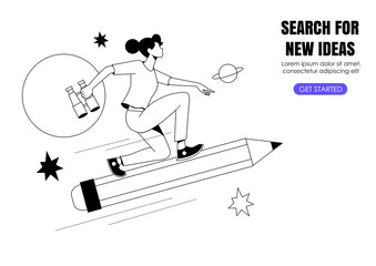 Woman with binoculars flying on pencil . Creative or educational process banner, ad, landing page or poster for web design studio, startup or courses. Generating ideas, imagination, inspiration concep