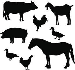 Farm animals silhouettes. Collection of domestic cattle. Vector illustration set isolated on white.