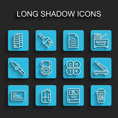 Set line Business card, Printer ink bottle, Pantone, Photo album gallery, Coffee cup go, Carton cardboard box, Paper cutter and CMYK color mixing icon. Vector