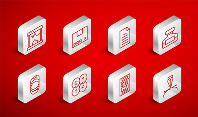 Fototapeta premium Set line Fountain pen nib, Carton cardboard box, File document, Ink bottle, News, 3D printer, CMYK color mixing and Paint bucket icon. Vector