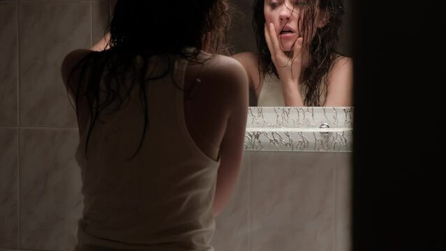 A girl suffering from a mental disorder. The girl shows aggression and panic in behavior.