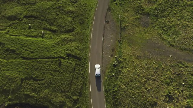 Top aerial view of a car driving during sunset. Drone framing a 4x4 vehicle moving on the road in an island coast
