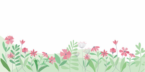 Spring floral illustration. Flowers and green leaves decorative illustration for spring background, banner, graphic design. Hello spring, Spring time vector illustration.