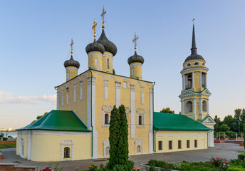 Assumption Admiralty Church in Voronezh - the Oldest «Maritime» Temple in Russia was first mentioned in 1594. Domes of Church on Admiralty Square with golden crosses. Voronezh, Russia - June 11, 2019