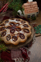 Homemade round pie top view. Simple sweet pastry. Flour product. Food on the table. Cake