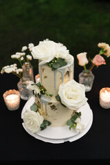 amazing wedding cake isolated on beautiful background. dessert at a wedding banquet. tiered cake