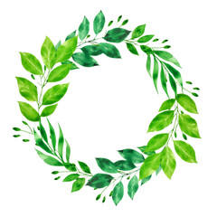 Greenery watercolor wreath isolated on white.