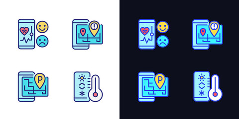 Mobile applications pixel perfect light and dark theme color icons set. Healthcare service. Internet of Things. Simple filled line drawings. Bright cliparts on white and black. Editable stroke