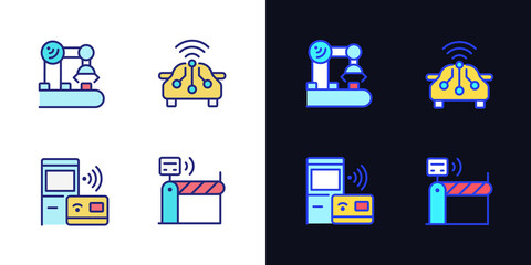 Wireless technologies pixel perfect light and dark theme color icons set. Remote device control. Internet of Things. Simple filled line drawings. Bright cliparts on white and black. Editable stroke