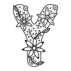 Floral alphabet. Colorless doodle letter Y. Coloring book for adults and kids.