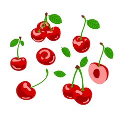 Collection of cherries in different forms. Slices of cherries full of vitamins in flat style