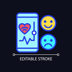 Fototapeta premium Mood monitoring pixel perfect RGB color icon for dark theme. Mobile app for health tracking. Internet of Things. Simple filled line drawing on night mode background. Editable stroke. Arial font used