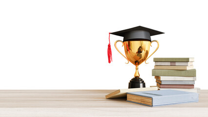 graduation hat with golden trophy on wood table. 3D render