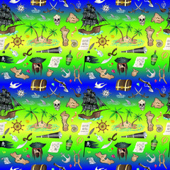 Pirate doodle elements seamless pattern on bright background. Vector illustration.