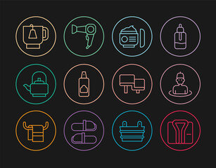 Set line Bathrobe, Man in the sauna, Cream or lotion cosmetic tube, Spray can for hairspray, Kettle with handle, Cup of tea tea bag, Sauna wood bench and Hair dryer icon. Vector