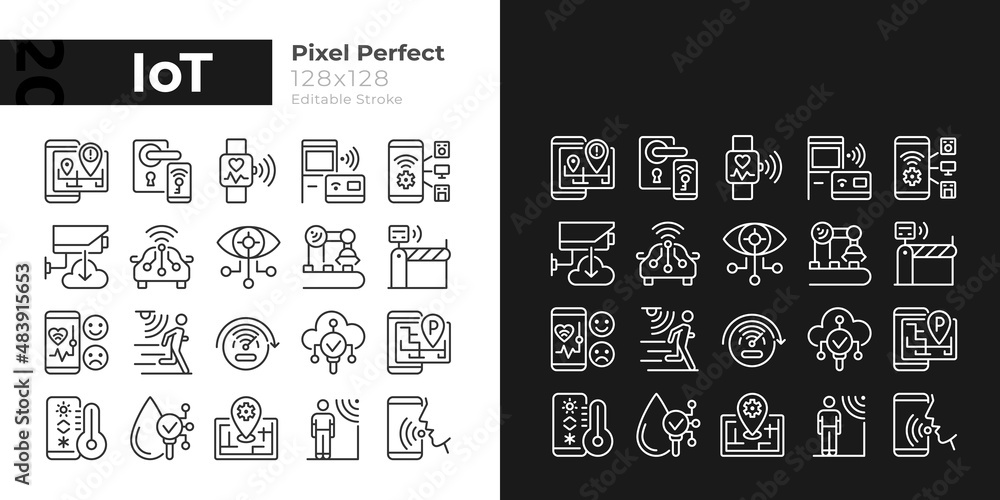 Poster iot pixel perfect light and dark theme color icons set. wifi regulation. internet of things. simple 
