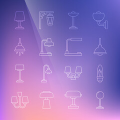 Set line Floor lamp, Light bulb, Lamp hanging, Table, Chandelier, and icon. Vector