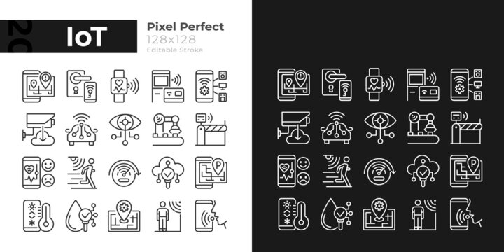 IoT pixel perfect light and dark theme color icons set. Wifi regulation. Internet of Things. Simple filled line drawings. Bright cliparts on white and black. Editable stroke. Quicksand-Light font used