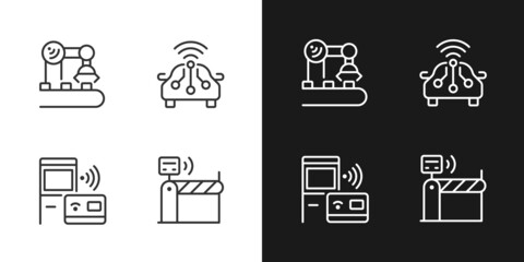 Wireless technologies pixel perfect light and dark theme color icons set. Remote device control. Internet of Things. Simple filled line drawings. Bright cliparts on white and black. Editable stroke