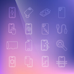 Set line Waterproof phone, System bug, USB cable cord, Mobile with broken screen, Phone repair service, charging battery and icon. Vector