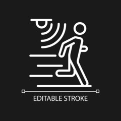 Motion detection pixel perfect white linear icon for dark theme. Movement monitoring. Internet of Things. Thin line illustration. Isolated symbol for night mode. Editable stroke. Arial font used