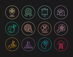 Set line Stair with finish flag, Target, Flag, arrow, Planet, Man holding and Medal icon. Vector